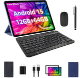 Android 15 Tablet, 12GB+64GB+1TB Expand, 10inch Tablet Bundle with Keyboard Case, Stylus Pen