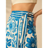 Talakeno Womens Floral Wrap Midi Skirt Summer Adjustable Tie Side Casual High Waist A Line Beach Boho Long Flared Skirts(Blue,L)