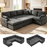 Huatean Home 105" U-Shape Sleeper Sofa with Storage, Large 7-Seat Modular Sectional with Removable Covers, Pull-Out Couch Bed for Living Room, Dark Grey