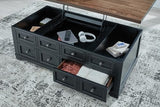 Signature Design by Ashley Wildenauer Lift Top Cocktail Table, Satin Finish Base, 2 Drawers, 2 Storage Bins, Hardwood Solids, 52" W x 28" D x 19" H, Light Brown & Black