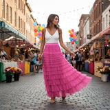 Mincib Womens Long Tulle Skirt A Line Ruffle Tiered Layered Skirts High Waisted Flowy Fairy Maxi Skirts Valentine's Day Gifts Outfit(Hot Pink,M)