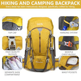 MIVENTO 50L Hiking Backpack - Water-Resistant Nylon Bag with Flap Top, Camping Travel Backpack for Men Women (Yellow)