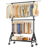 JIEJIERUI Double Rods Clothing Rack, Heavy Duty Clothes Rack for Hanging Clothes Load 560LBS, Metal Rolling Garment Racks, Black