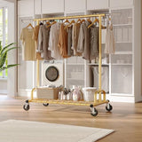 Raybee Heavy Duty Clothes Rack, Gold Clothing Racks for Hanging Heavy Clothes 200+, Rolling Clothing Rack Load 530 LBS, Extendable & Adjustable with Wheels, Gold