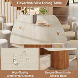 Tribesigns 78.74" Travertine Slab Dining Table for 8-10, Modern Horse Belly Dining Table, Luxury White & Brown Kitchen Table
