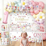 Fexivo 269pcs Wildflower 1st Birthday Decorations Girl, One-stop Set for 25 People, Includes 350gsm Plates Backdrop and Tablecloths, Suitable for Wild and Onederful 1st Birthday Girl