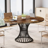 Round Conference Table for 4-6, 47-Inch Conference Room Table with Thickened Tabletop and Metal Base, Rustic Brown