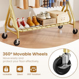 JIEJIERUI Heavy Duty Clothes Rack for Hanging Clothes, Double Rods Clothing Rack with Lockable Wheels, Rolling Garment Racks, Gold