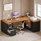 87-Inch Modern Executive Desk with File Cabinet, Large Home Office Desk with Drawers, 3-Drawer Wooden File Cabinet (Brown & Black)