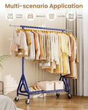 JIEJIERUI Heavy Duty Clothing Rack, Metal Clothes Rack Load 450 LBS, Rolling Coat Racks for Hanging Clothes with Lockable Wheels, Navy Blue