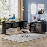 Large Computer Desk with File Cabinet, 63 Inch Executive Desk L Shaped Office Desk with Drawers and Storage Shelves