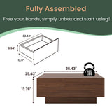 POVISON Modern Square Coffee Table with Storage, 35.43" Wood Coffee Table for Living Room Table Walnut, Fully Assembled
