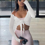 Talakeno Womens Ballet Wrap Tops Cropped Long Sleeve Self Tie Front Shirt Y2K Workout Yoga Pilates Dance Cover Up Blouse(White,XL)