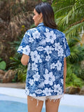 AUGCONE Hawaiian Shirts for Women Tropical Button Top(Blue White Floral, XXL