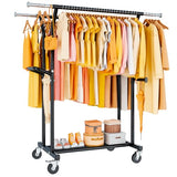800LBS Heavy Duty Clothes Rack: Rolling Clothing Rack for Hanging Coat Double Rods Portable Wardrobe Garment Racks with Wheels Shelf Sturdy