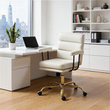 Leather Office Chair with Wheels,Ergonomic Swivel Rolling Task Chair,Padded Seat and Armrests,Adjustable Height Home Desk Chair,Executive Computer Chair, Gold Base Makeup Vanity Chair,White
