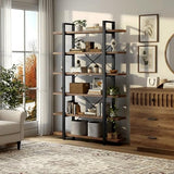 IBF 6 Tier Solid Wood Bookcase, Industrial Natural Real Wood Metal Tall Book Shelf