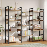 Rolanstar Bookshelf 4 Tiers with 4 Hooks, Triple Bookcase with Open Display Shelves, Industrial Wide Bookshelf