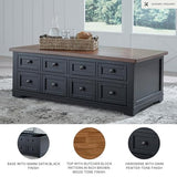 Signature Design by Ashley Wildenauer Lift Top Cocktail Table, Satin Finish Base, 2 Drawers, 2 Storage Bins, Hardwood Solids, 52" W x 28" D x 19" H, Light Brown & Black