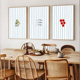 3Pcs Coastal Kitchen Wall Art Blue Striped Sardines Olives Tomatoes Wall Decor Pictures Summer Mediterranean Food Posters Prints for Dining Room Beach House Decoration Unframed 16x24in
