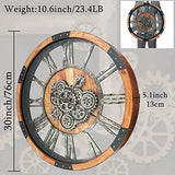 TOPPTIK 30 Inch Moving Gear Wall Clock, Oversized Wall Clocks, Clock Living Room Decor, Solid Wood Frame, Battery Operated, Large Wall Clock with Steampunk Industrial for Fireplace(Brown)