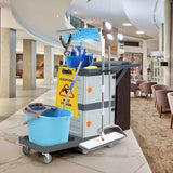 Commercial Janitorial Cart, 3-Shelf Housekeeping Cleaning Cart with 2 Cabinet, Wheels, Cover