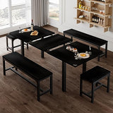 Feonase 5-Piece Dining Table Set for 4-8 People, 63" Large Extendable Kitchen Table Set with 2 Benches and 2 Square Stools