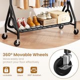 JIEJIERUI Heavy Duty Clothes Rack for Hanging Clothes, Double Rods Clothing Rack with Lockable Wheels, Rolling Garment Racks, Black