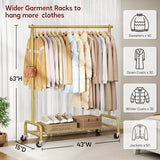 SLEEPING LAMB Heavy Duty Clothes Racks for Hanging Clothing Rack, 43" Wide Rolling Garment Rack Metal Wardrobe Rack with Wheels (Gold)