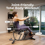 Sunny Health & Fitness Smart Recumbent Bike w/Workout Bands, 300LB Capacity Compact Equipment for Indoor Full-Body Exercise, Adjustable Cushion Seat