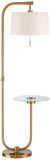 Possini Euro Design Volta Mid Century Modern Arched Floor Lamp with USB Charging Port Glass Tray Table 66" Tall Antique Brass Gold Metal White Linen Drum Shade Living Room Reading House Bedroom
