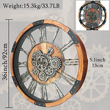 TOPPTIK 36 Inch Moving Gear Wall Clock, Oversized Wall Clocks, Clock Living Room Decor, Solid Wood Frame, Battery Operated, Large Wall Clock with Steampunk Industrial for Fireplace(Brown)