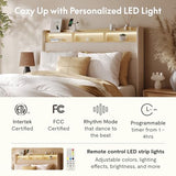 FLEXISPOT 51” Queen Bed Frame with LED Lights, Charging Station & Storage Shelf, Elegant Corduroy Upholstered Platform Bed with Tall Wingback Headboard, No Box Spring Needed, Beige