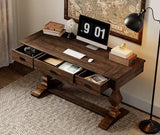 60-inch Vintage Wood Home Office Desk with Stable Solid Wood Pedestral Legs, Tradional Rustic Executive Desk, Dark Walnut Brown