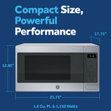 GE Countertop Microwave Oven, 1,150-watt Capacity, 1.6 Cubic Ft., 8 Auto Setting Cooking Settings, Child-Lock Technology, Kitchen Essentials for the Countertop, Dorm Room or Apartment, Stainless Steel
