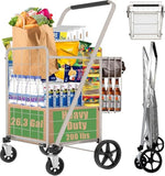 Foldable Double Basket Trolley with 360° Swivel Wheels, Dense Metal Mesh Bottom Utility Carts for Condo/Laundry