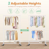 SLEEPING LAMB Double Rod Heavy Duty Clothes Racks for Hanging Clothes, Metal Rolling Garment Rack With Wheels Clothes Hanger Rack (White)