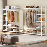 LITTLE TREE Free Standing Wood Closet Clothes Rack,Heavy Duty Grament Rack with Shelves,Hanging Racks for Clothes Clothing Rack for Bedrom,Wardrobe Closet Organizer,350 lb Capacity