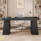55.9 in Executive Desk with Power Outlets, Modern Home Office Desk with Storage Cabinet, Black (Storage Cabinet)
