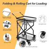 2-Tier Foldable Shopping Cart with Wheels for Groceries, Grocery Store Cart with 360° Rolling Swivel Wheels