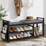 Homaxy 2-Tier Shoe Rack Bench with Side Holder, 39.4 in Bamboo Entryway Bench, Shoe Rack Organizer with Cushion for Front Entrance, Hallway Living Room Bedroom, Black and Dark Grey