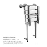 Seachrome Profile Folding Shower Seat with 18 inch Grab Bar, Removable Hanging Bench with Backrest & Legs, White Phenolic Seat, Stain Stainless Steel Grab Bar