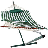 Sunnydaze Rope Hammock with Stand for Outside- 275-Pound Capacity - Includes 12-Foot Hammock Stand, Spreader Bar, Pad, and Pillow - Green & White Stripe