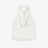 Maohao Women's Silk Satin Tank Tops Halter Draped Front Sexy Backless Womens Summer Tops Elegant Camisole Tops (White,S)