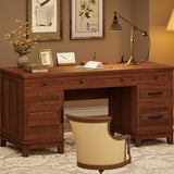 Executive Desk with File Drawers, Farmhouse Home Office Desk with Charging Station, 60 in Wooden Computer Desk, Walunt Brown