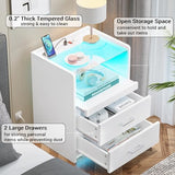 AOGLLATI LED Nightstand Set of 2 with Charging Station, Night Stand with Pull-Out Shelf, 2 Drawers, Bedside Table with LED Lights, Modern End Table with USB Ports Outlets, 2 Pack, White