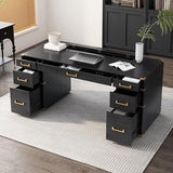Large Executive Desk with Metal Edge Trim, Classic Traditional Writing Desk for Home Office - 7 Drawers