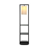74 Inch Floor Lamp with 2 Shelves, Round Lampshade, Iron, Black and White Benzara