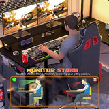 Aheaplus Small L Shaped Gaming Desk with LED Lights & Power Outlets, Reversible L-Shaped Computer Desk with Monitor Stand & Storage Shelf