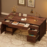 Executive Desk with File Drawers, Farmhouse Home Office Desk with Charging Station, 60 in Wooden Computer Desk, Walunt Brown